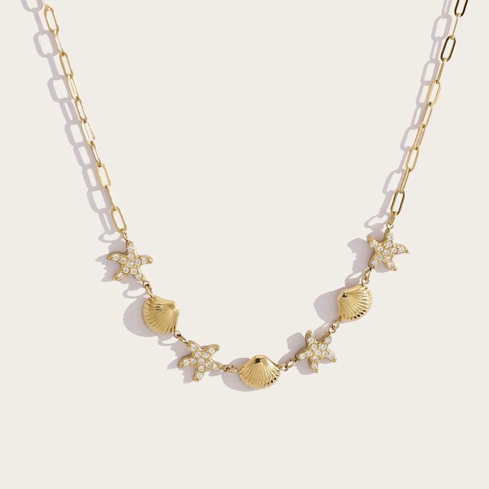 Necklace Starfish Shell Choker Beach Vacation — 316L Stainless Steel · PS398