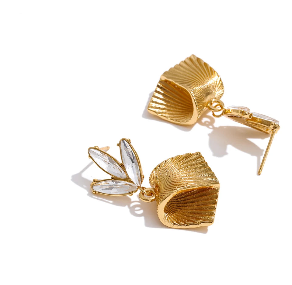 Cubic Zirconia Flower Geometric Earrings — Gold-Plated Stainless Steel with Cubic Zirconia · PS1209