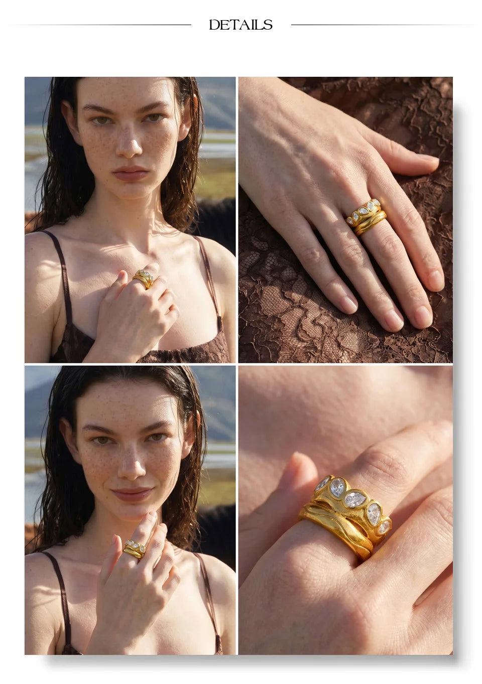 Cubic zirconia geometric ring in 18K gold-plated stainless steel with cubic zirconia.