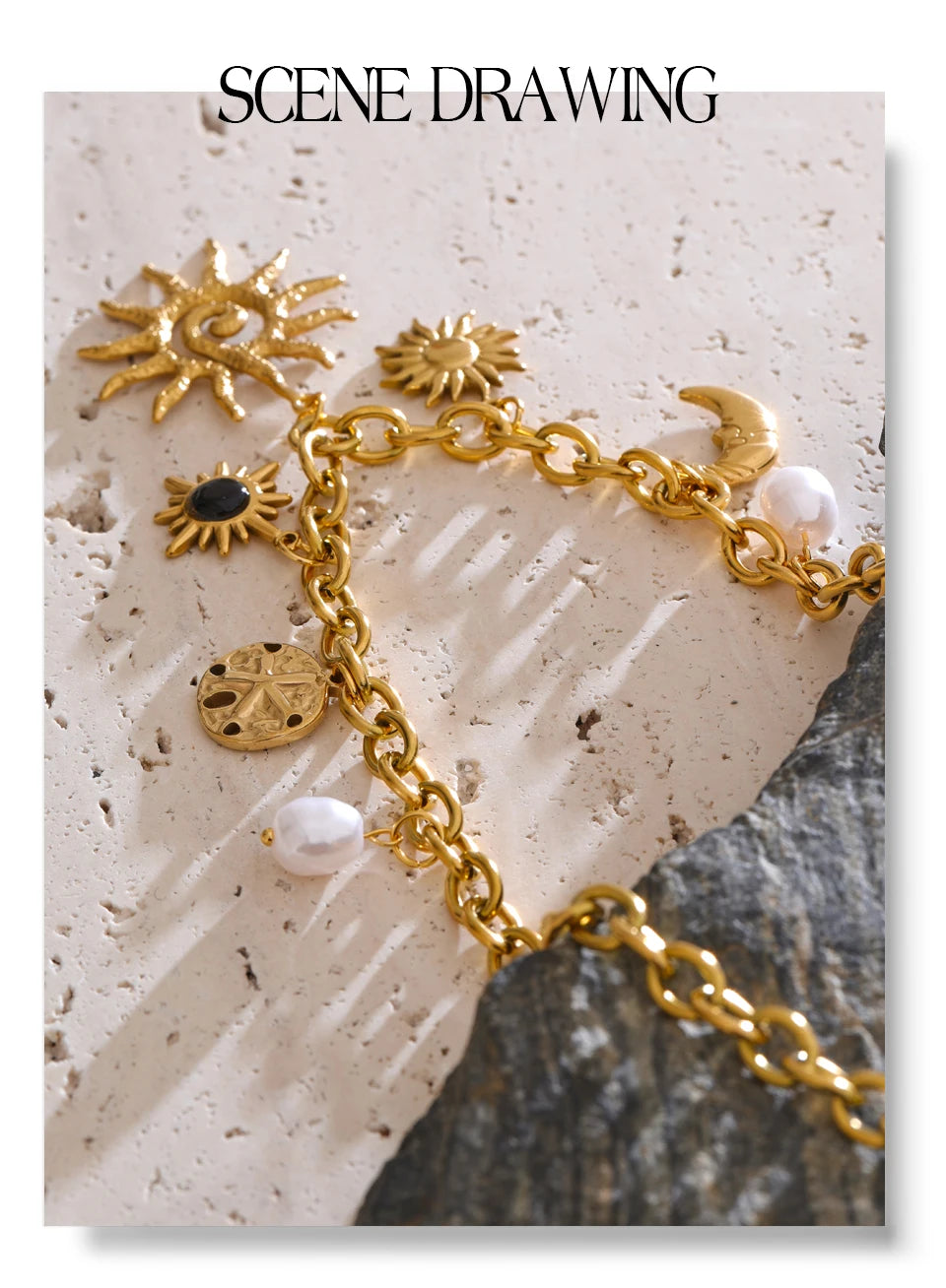 Pearl star moon necklace in gold-plated stainless steel with pearl.