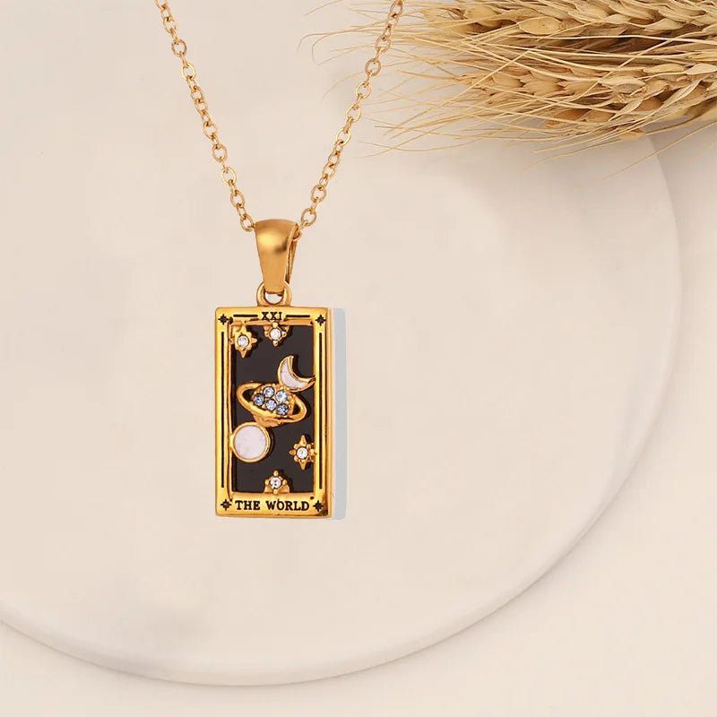 Zirconia Tarot Card Necklace Classic Tarot Queen Lover Magician Moon Wealth Amulet Stainless Steel Jewelry