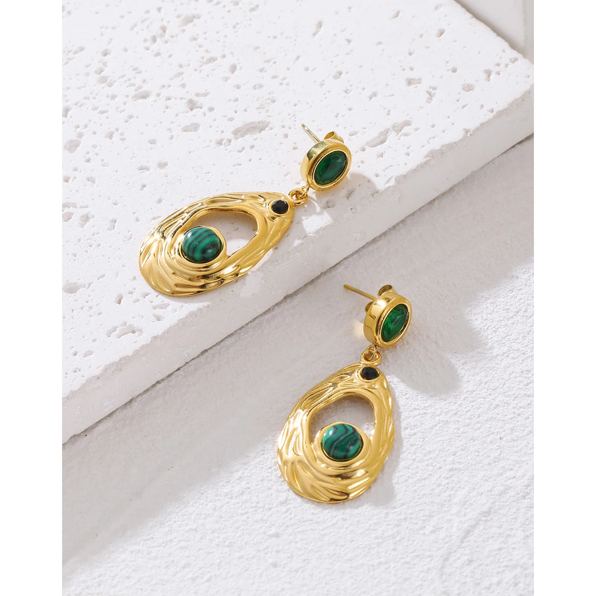 Drop Earrings Green Stone Zircon Irregular Dangle — 316L Stainless Steel · PS424