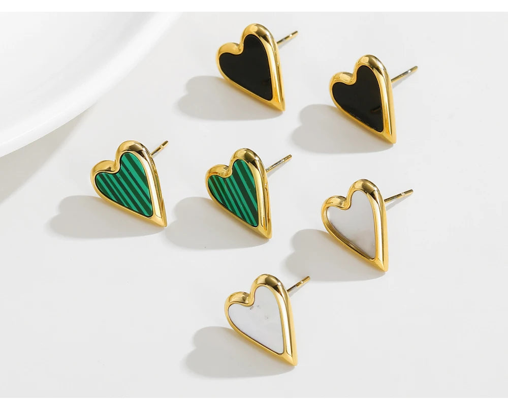 Stud Earrings Heart Vintage Green Natural Stone — 316L Stainless Steel · PS422