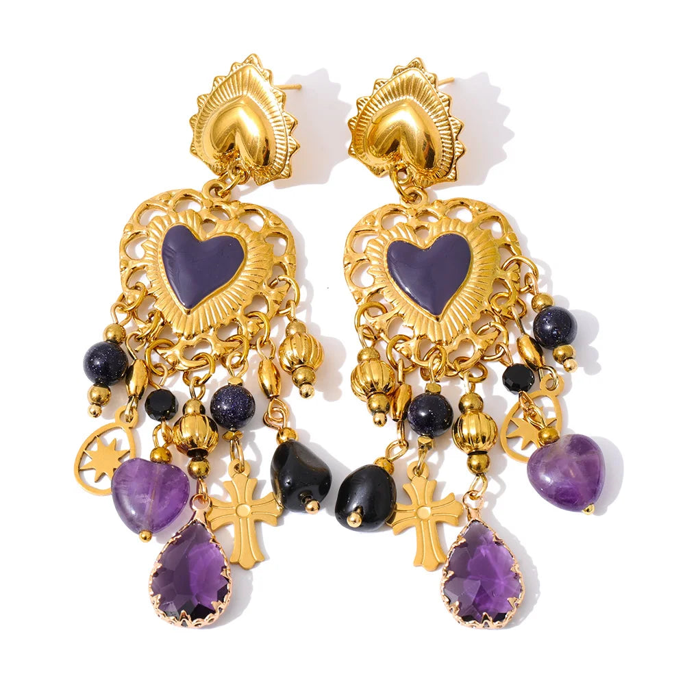 Resin Heart Cross Earrings — Gold-Plated Stainless Steel with Resin