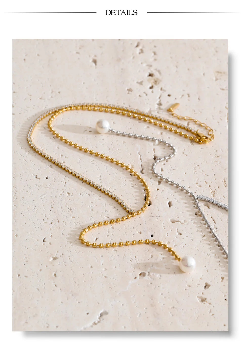 Cubic zirconia pearl geometric necklace in gold-plated stainless steel with pearl and cubic zirconia.