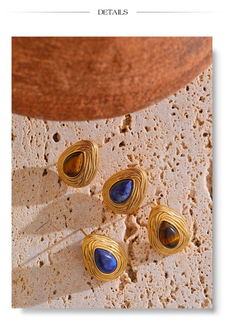 Natural stone geometric earrings in gold-plated stainless steel with natural stone.