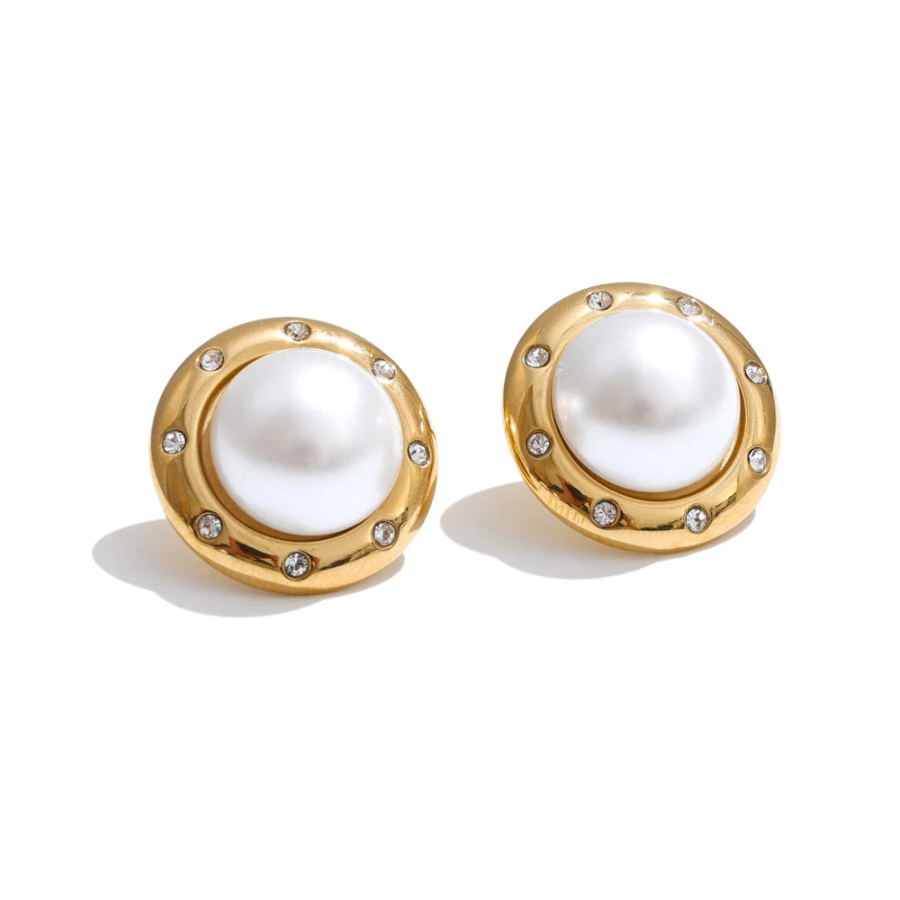 Cubic Zirconia Pearl Geometric Earrings — Gold-Plated Stainless Steel with Pearl and Cubic Zirconia · PS1536