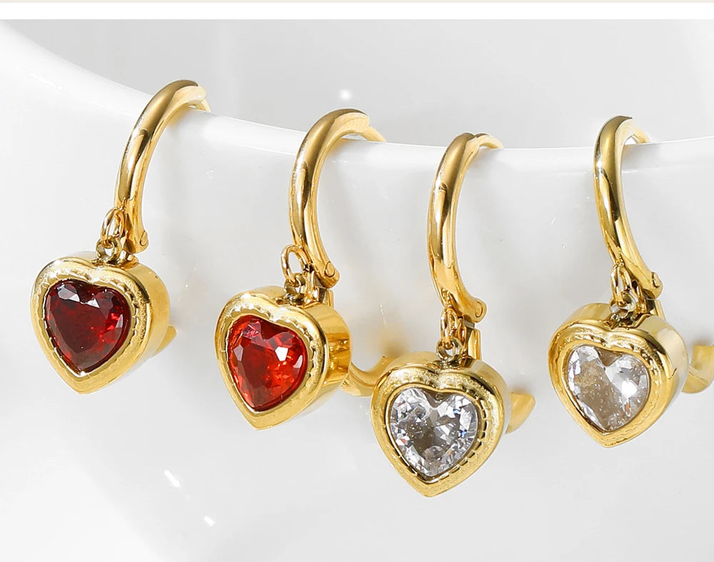 Dangle Earrings Zircon Crystal Heart Charm — 316L Stainless Steel · PS482