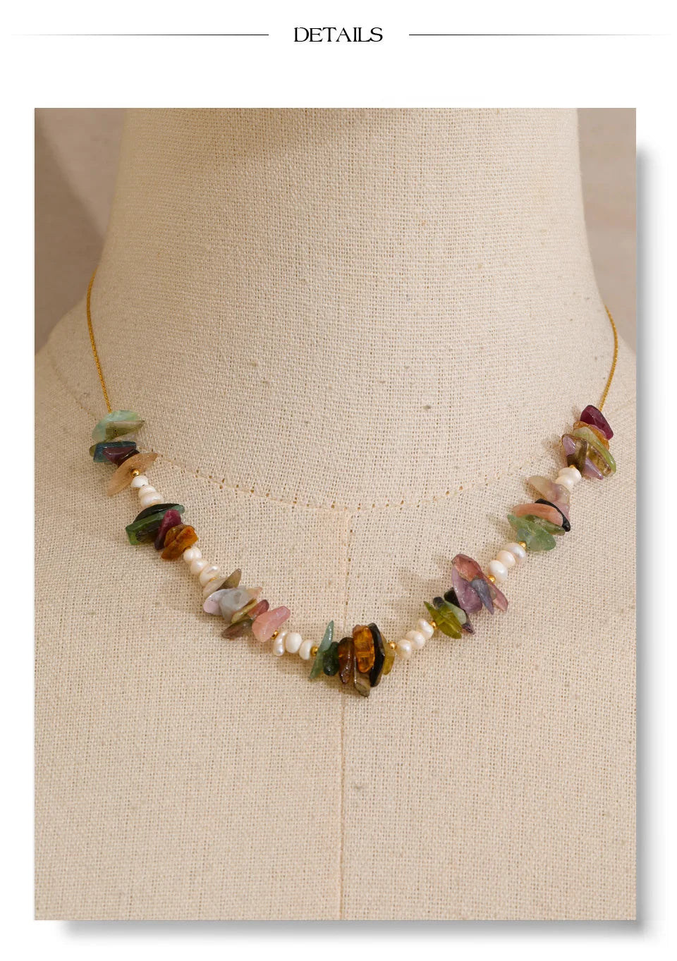 Pearl natural stone multi-color necklace in gold-plated stainless steel with pearl and natural stone.