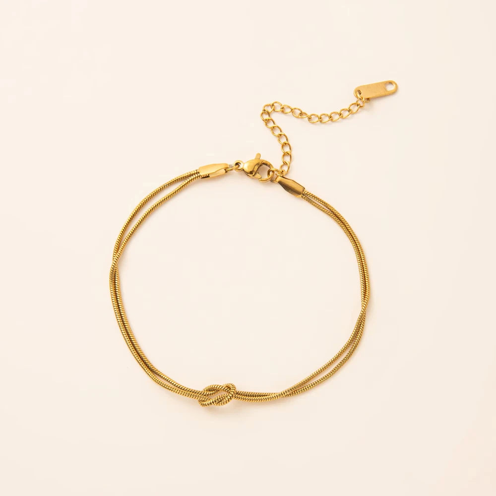 Valentine's Day Gift Titanium Steel Knot Snake Chain Bracelet Handmade Knot Herringbone Ring Plated with True Gold