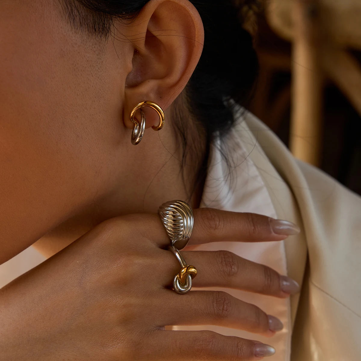 Two-Tone Shell Ring Stack — Stainless Steel · PS270