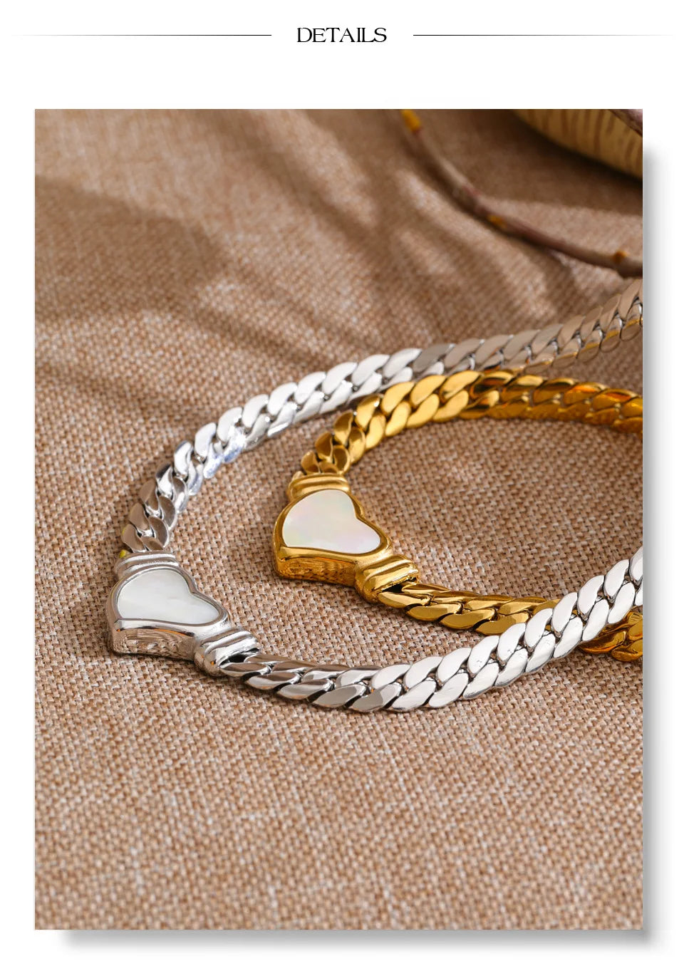 Shell heart chain necklace in gold-plated stainless steel with shell.