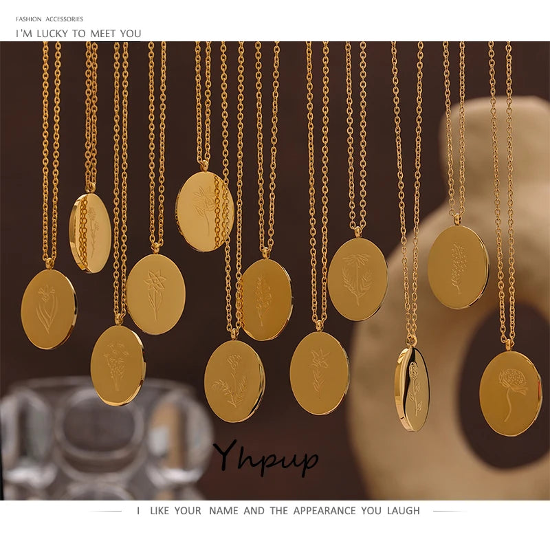 Gold-plated stainless steel necklace with round pendants featuring a tree design.