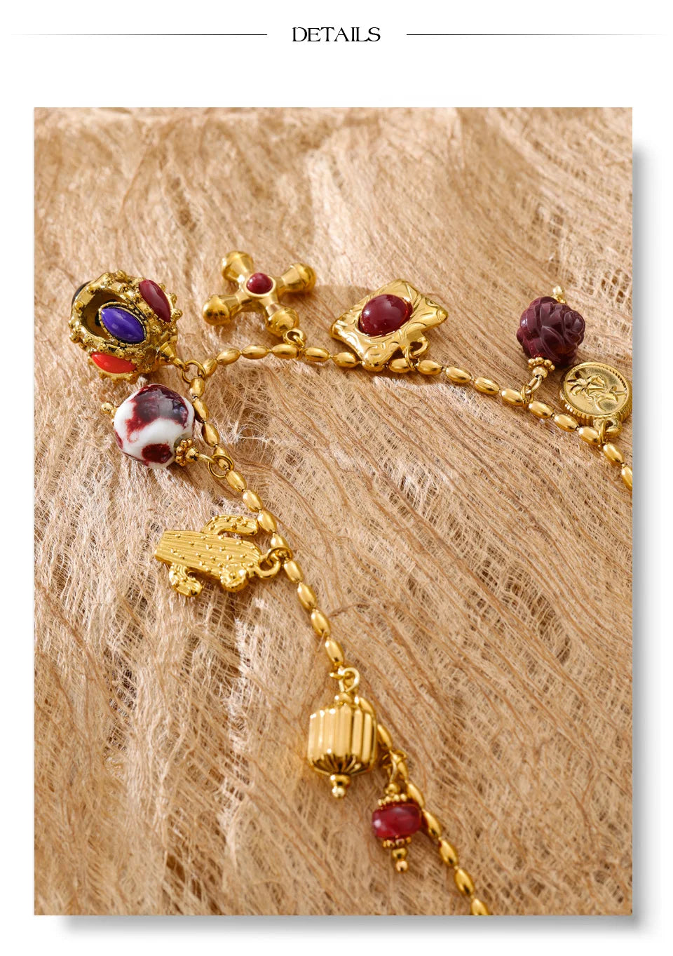 Resin acrylic cross necklace in gold-plated stainless steel with resin and acrylic.