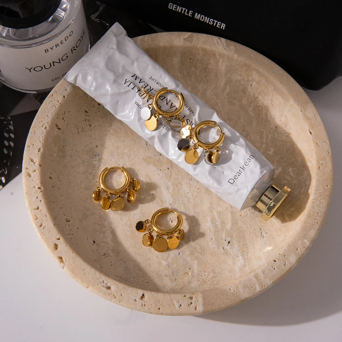 Leaf Charm Hoop Earrings — Stainless Steel · PS098