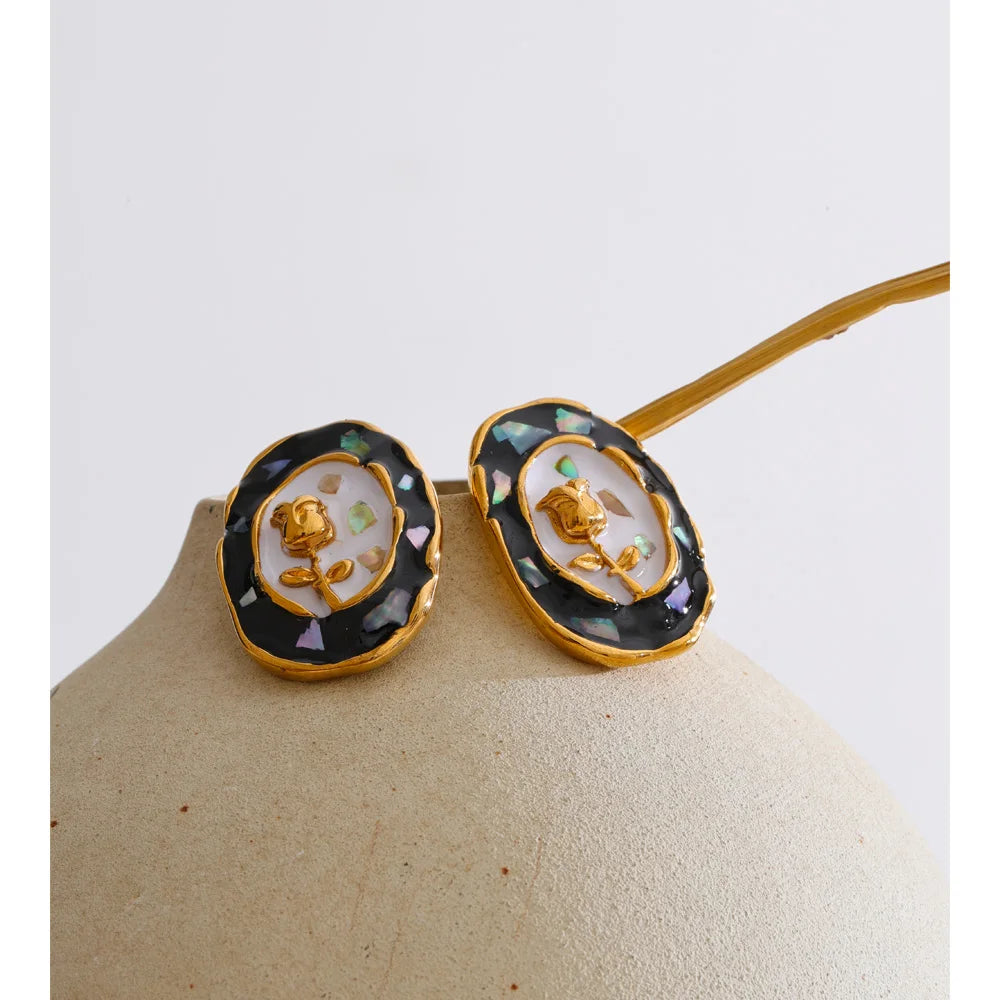 Cubic Zirconia Enamel Flower Earrings — Gold-Plated Stainless Steel with Cubic Zirconia and Enamel · PS1298
