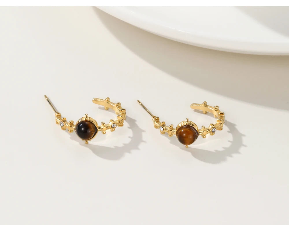 Hoop Earrings Amber Natural Stone Crystal Irregular — 316L Stainless Steel · PS480