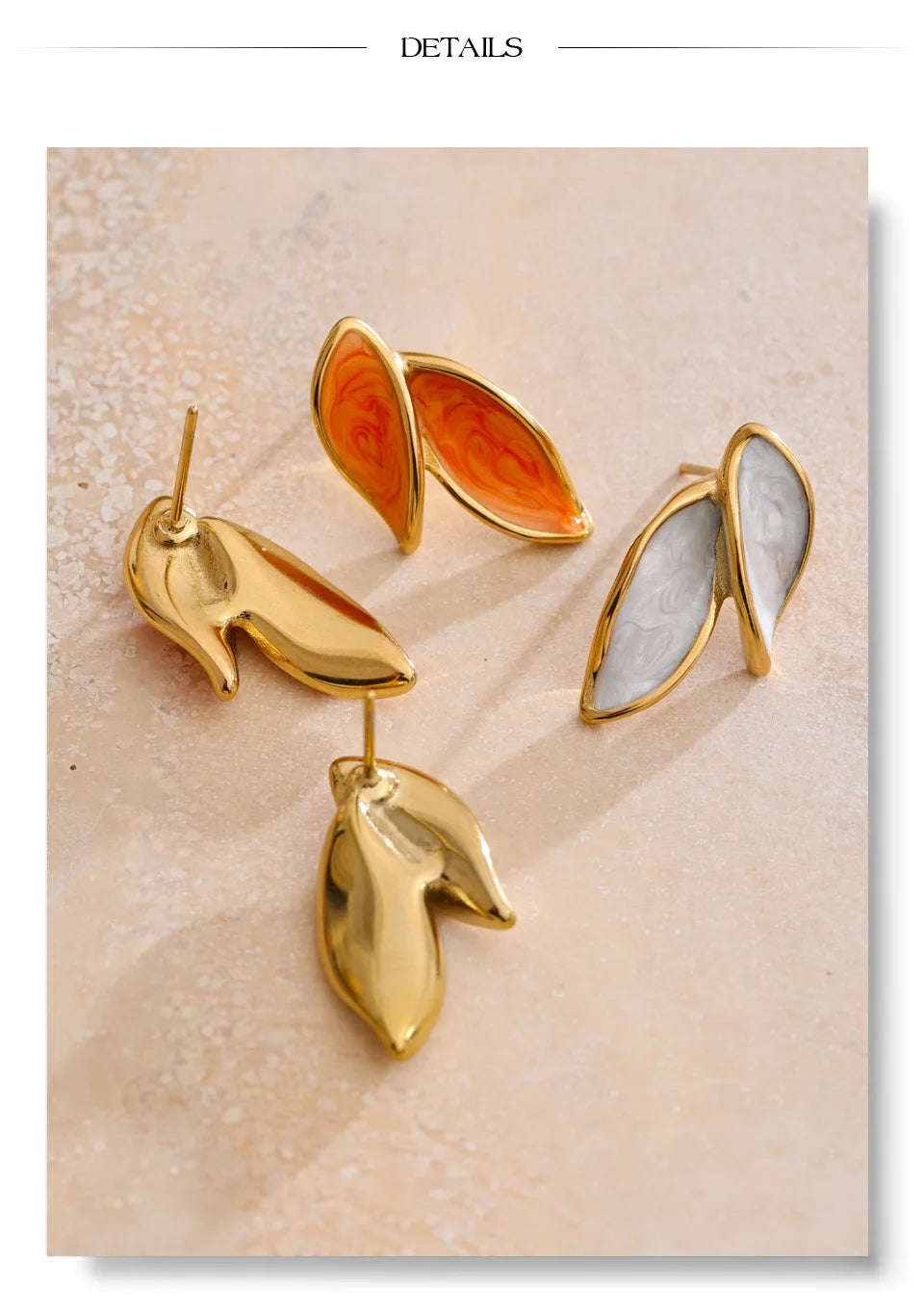 White enamel earrings in gold-plated stainless steel with enamel.