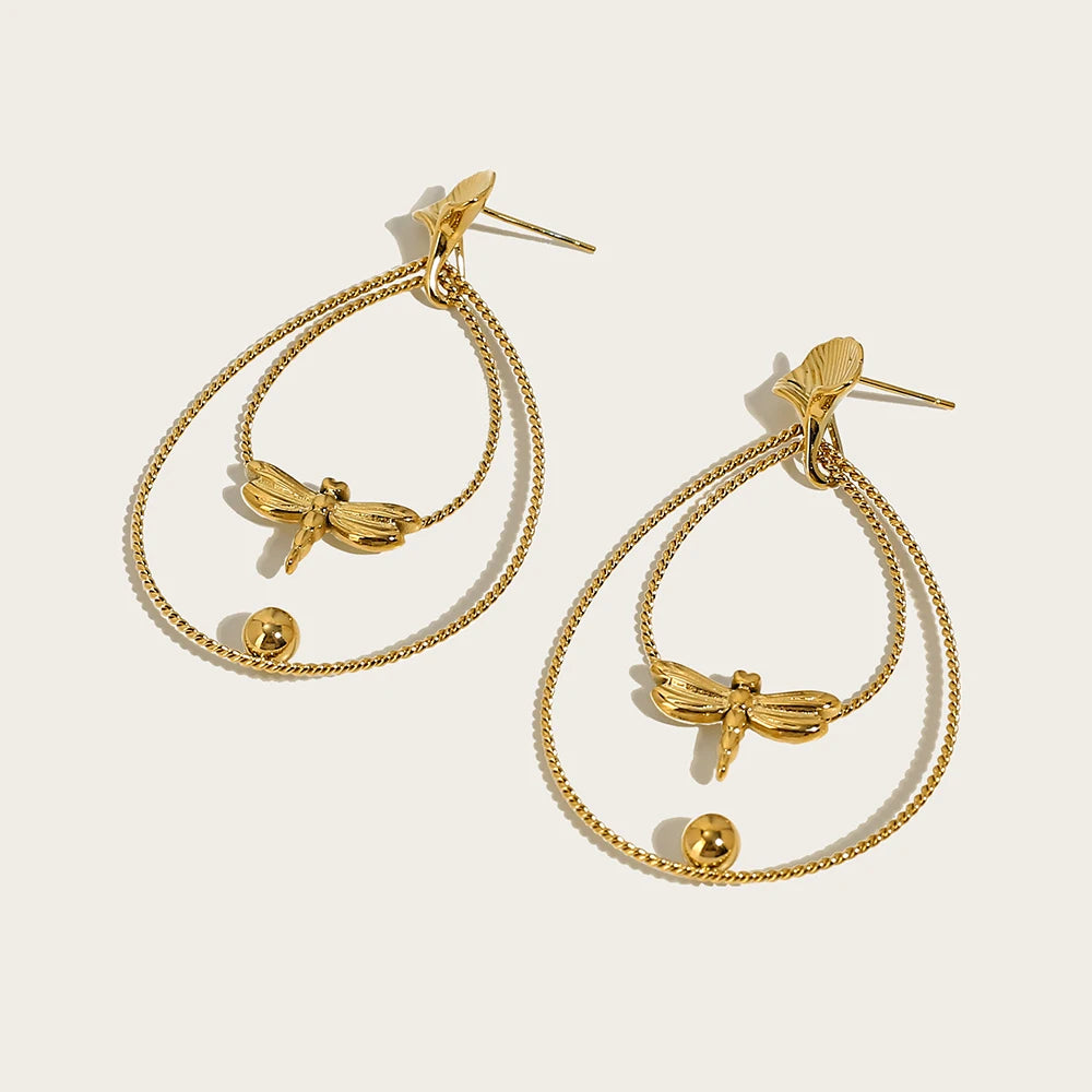 Drop Earrings Dragonfly Ginkgo Leaf — 316L Stainless Steel · PS395