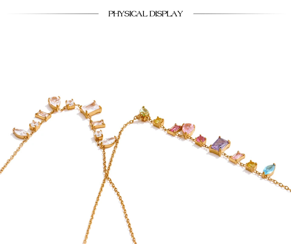 White cubic zirconia multi-color necklace in gold-plated stainless steel with cubic zirconia.