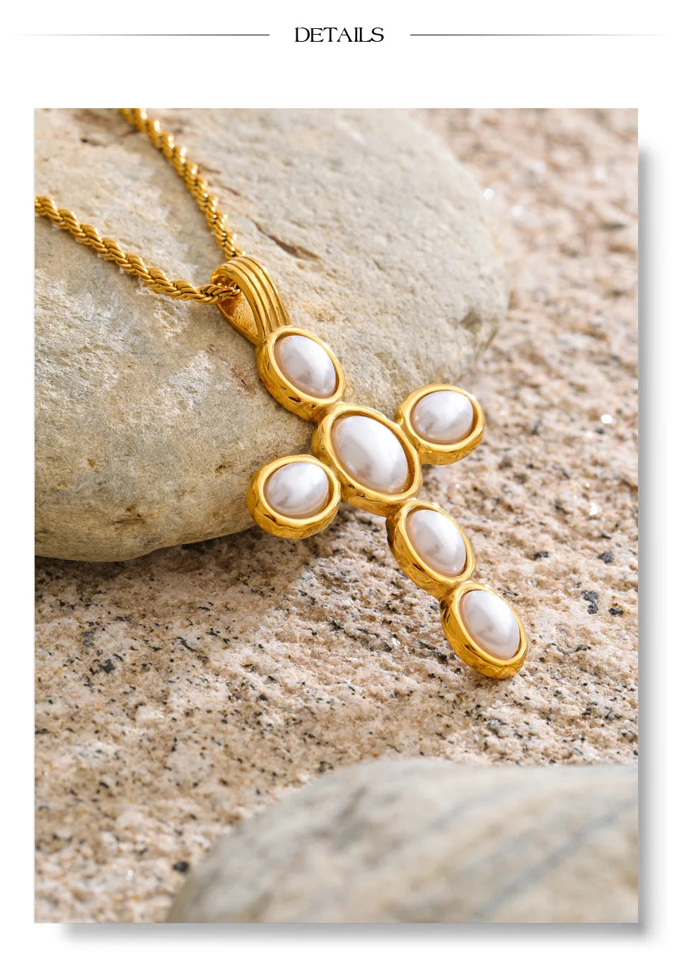 Pearl cross necklace in gold-plated stainless steel with pearl.