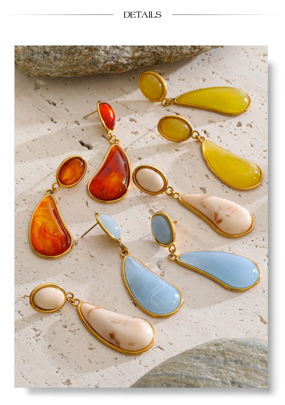 Resin acrylic geometric earrings in gold-plated stainless steel with resin and acrylic.