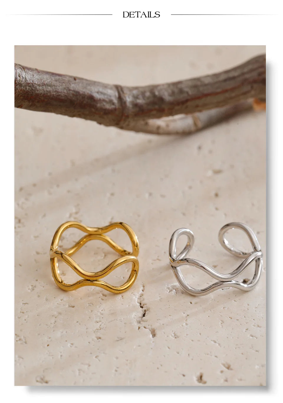 Geometric ring in 18K gold-plated stainless steel.