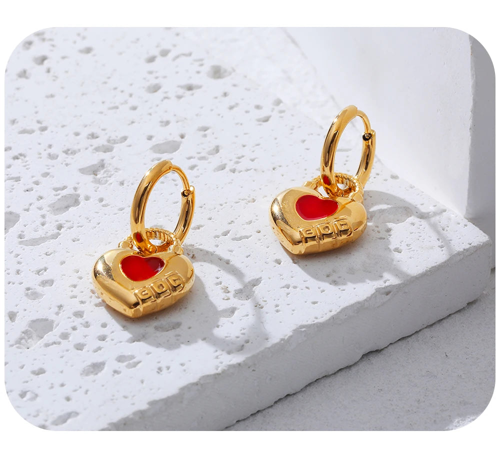Hoop Earrings Red Enamel Heart — 316L Stainless Steel · PS384