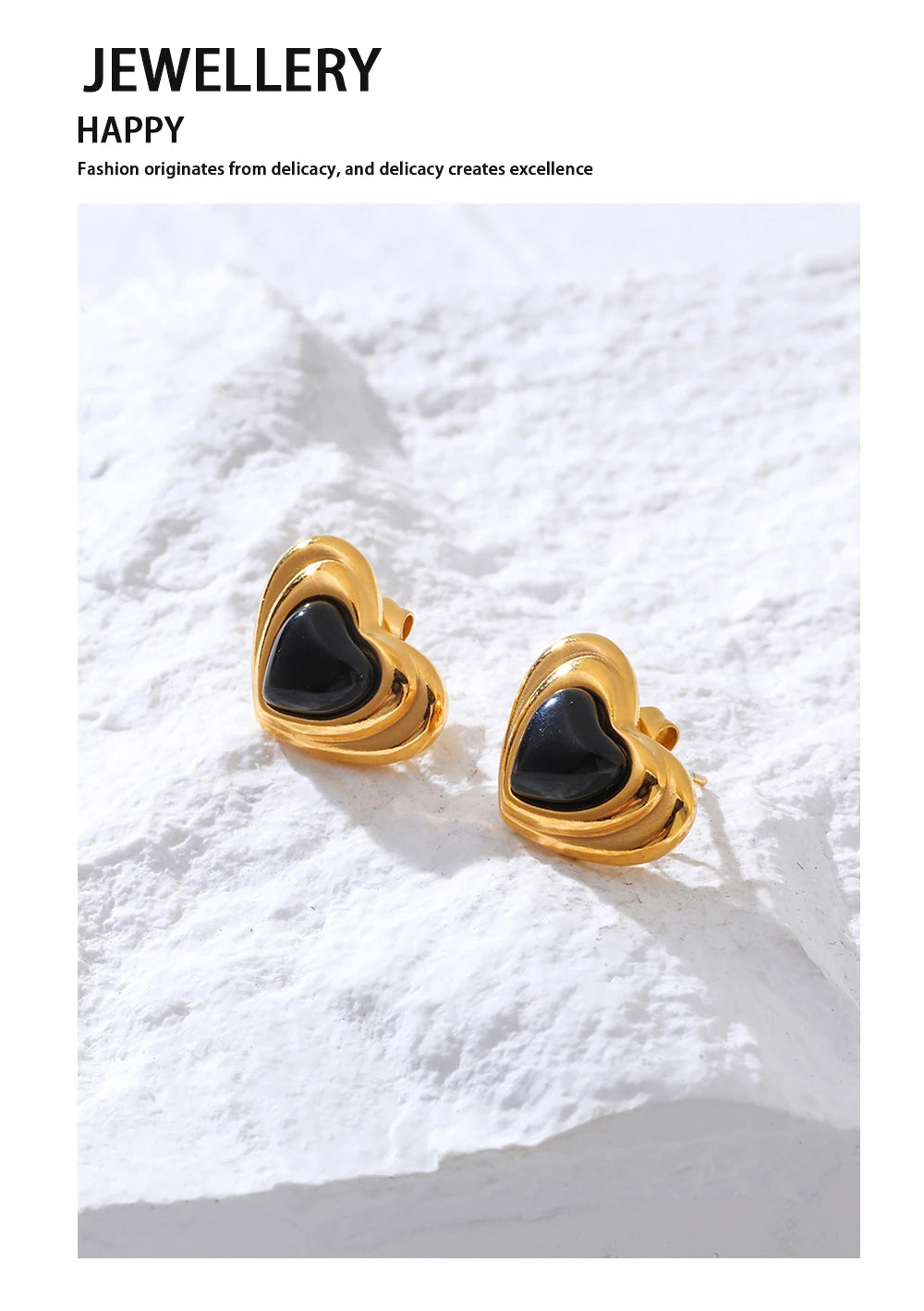 Stud Piercing Earrings Black Stone Heart — 316L Stainless Steel · PS453