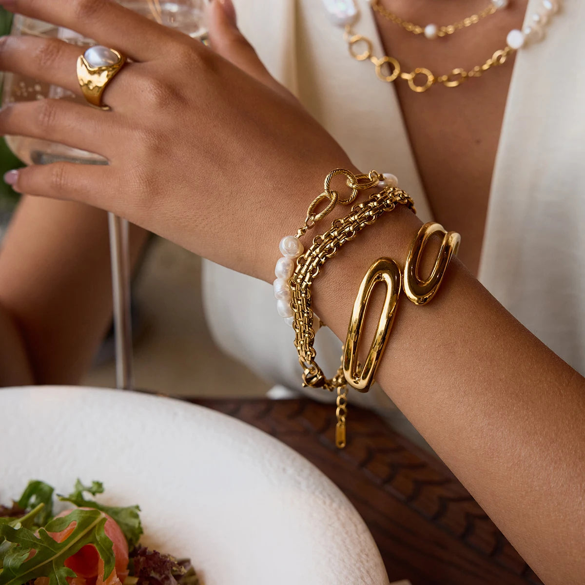 Pearl Chain Bracelet Stack — Stainless Steel · PS027