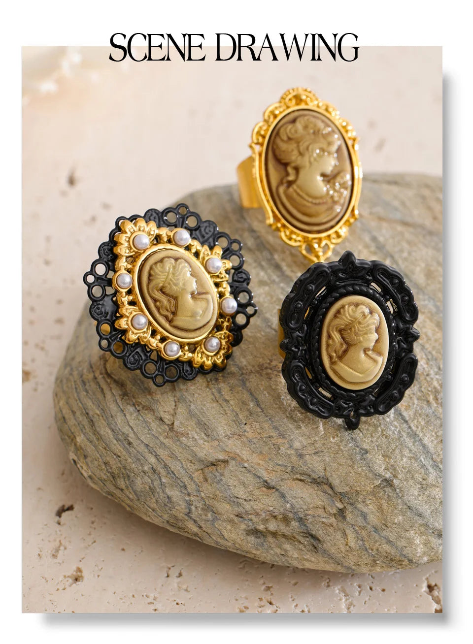 Pearl resin geometric ring in 18K gold-plated stainless steel with pearl and resin.
