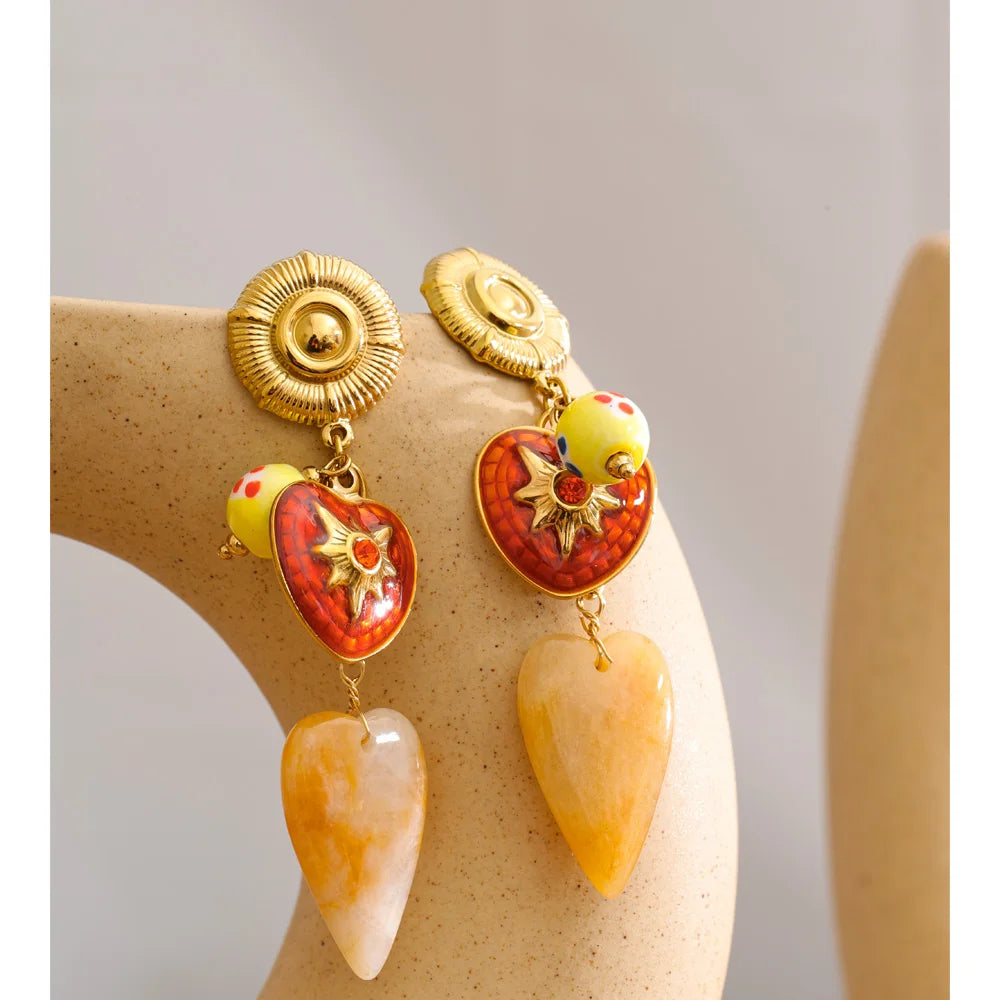 Enamel Natural Stone Heart Earrings — Gold-Plated Stainless Steel with Natural Stone and Enamel · PS1075