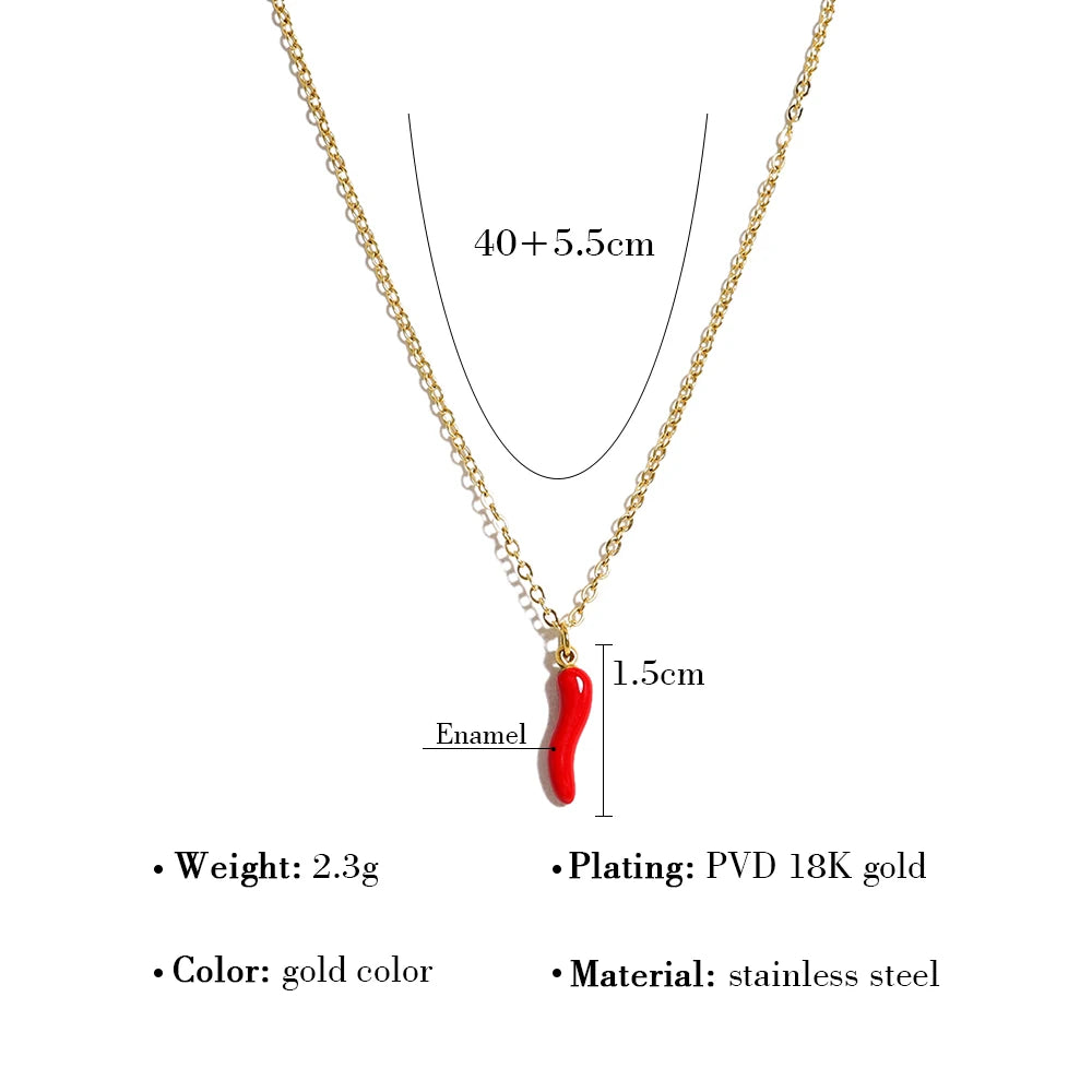 Chain Necklace Enamel Red Hot Pepper Pendant — 316L Stainless Steel · PS474