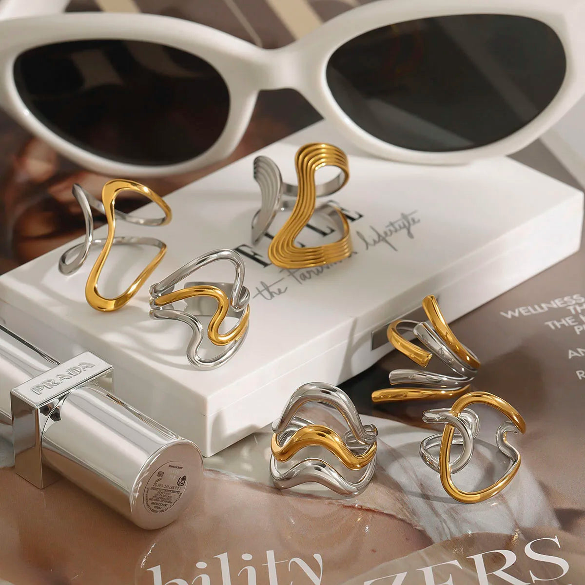 Wavy Statement Ring Stack — Stainless Steel · PS256