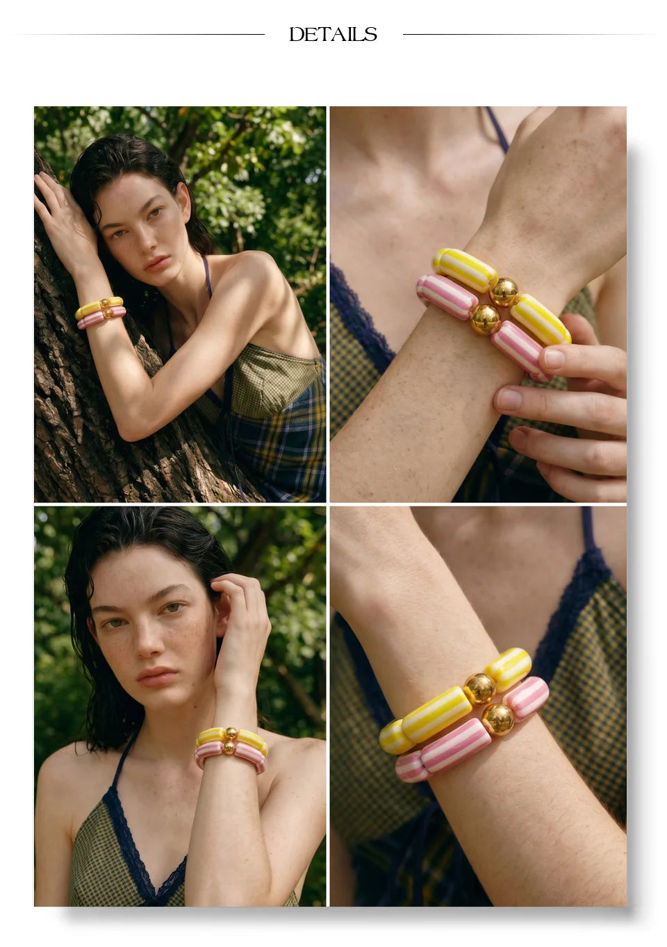 Resin acrylic multi-color bracelet in gold-plated stainless steel with resin and acrylic.