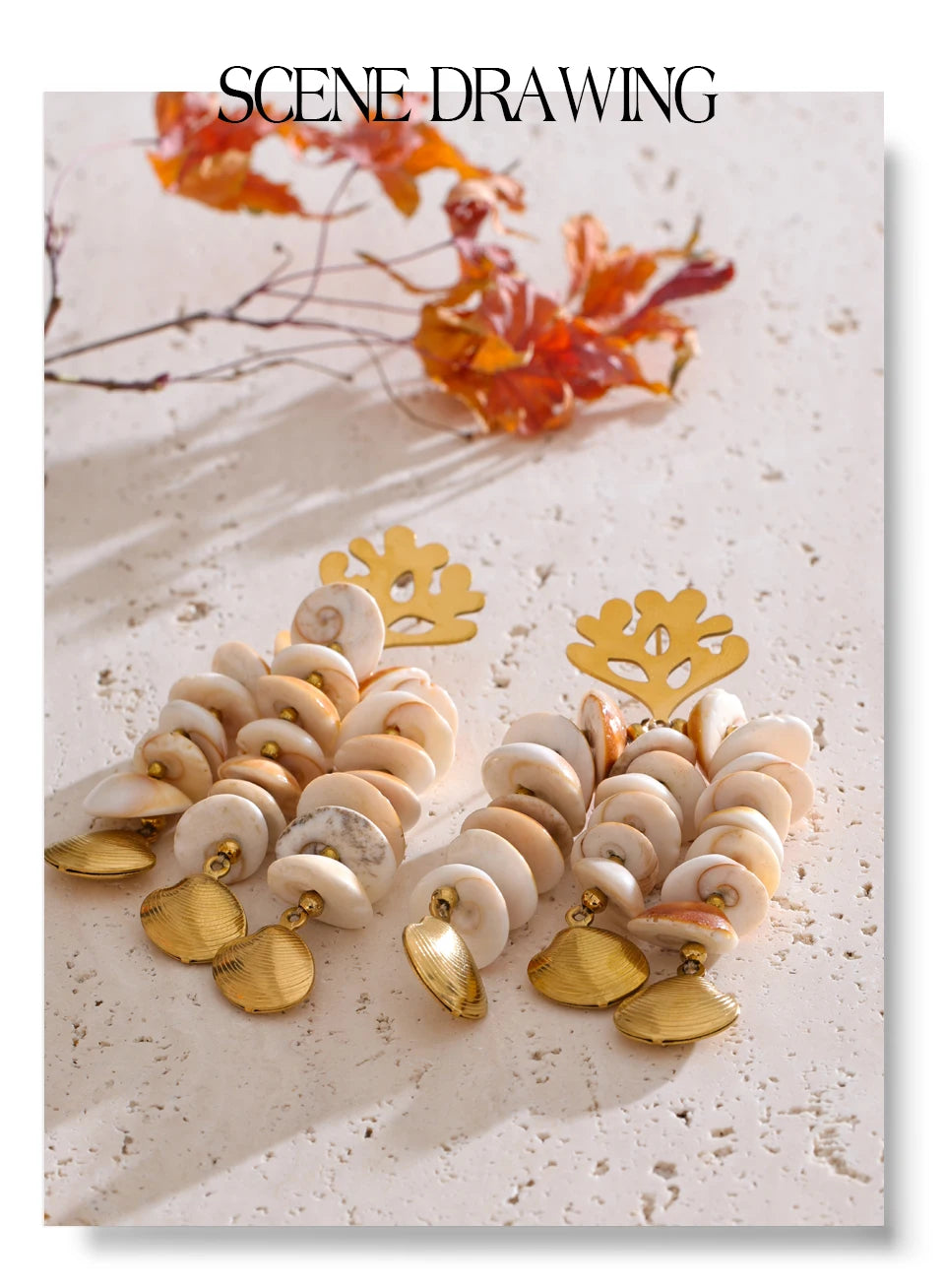 Shell geometric earrings in gold-plated stainless steel with shell.