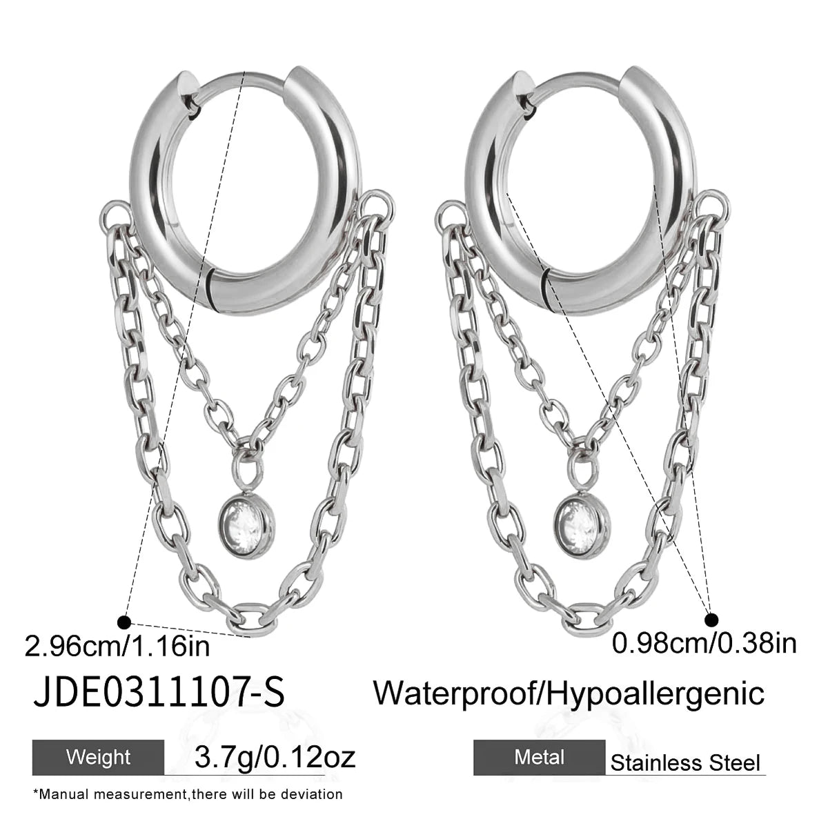 CZ Chain Drop Hoop Earrings — Stainless Steel · PS049