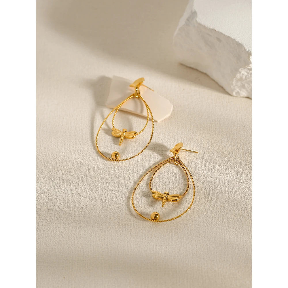 Drop Earrings Dragonfly Ginkgo Leaf — 316L Stainless Steel · PS395