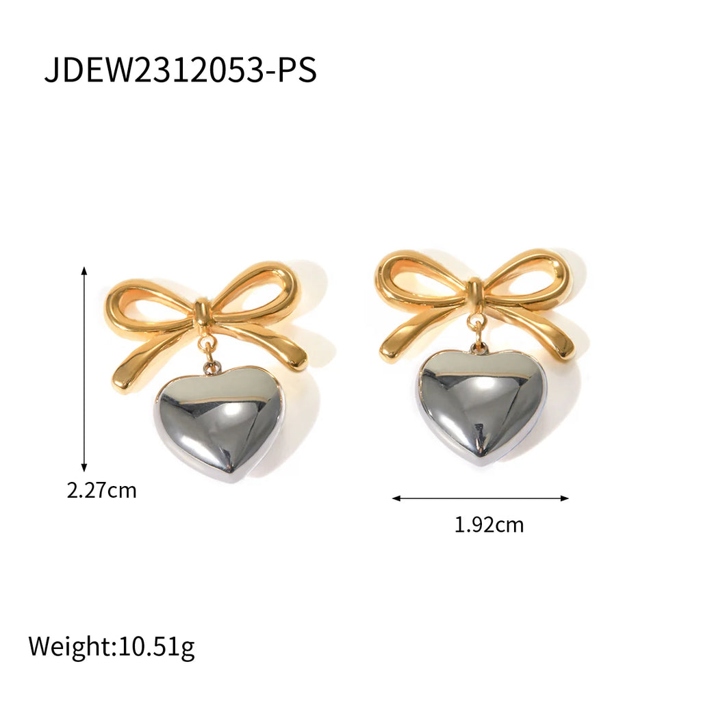 Bow Heart Drop Earrings — Stainless Steel · PS064