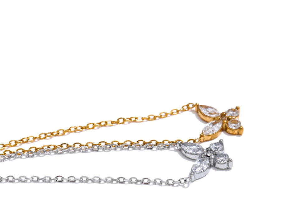 Cubic zirconia butterfly necklace in gold-plated stainless steel with cubic zirconia.