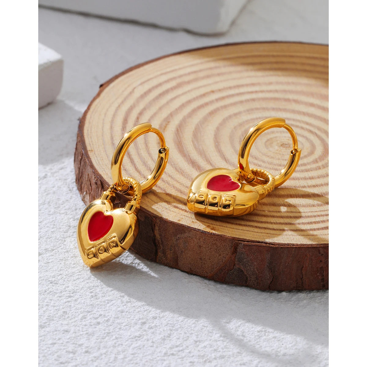 Hoop Earrings Red Enamel Heart — 316L Stainless Steel · PS384