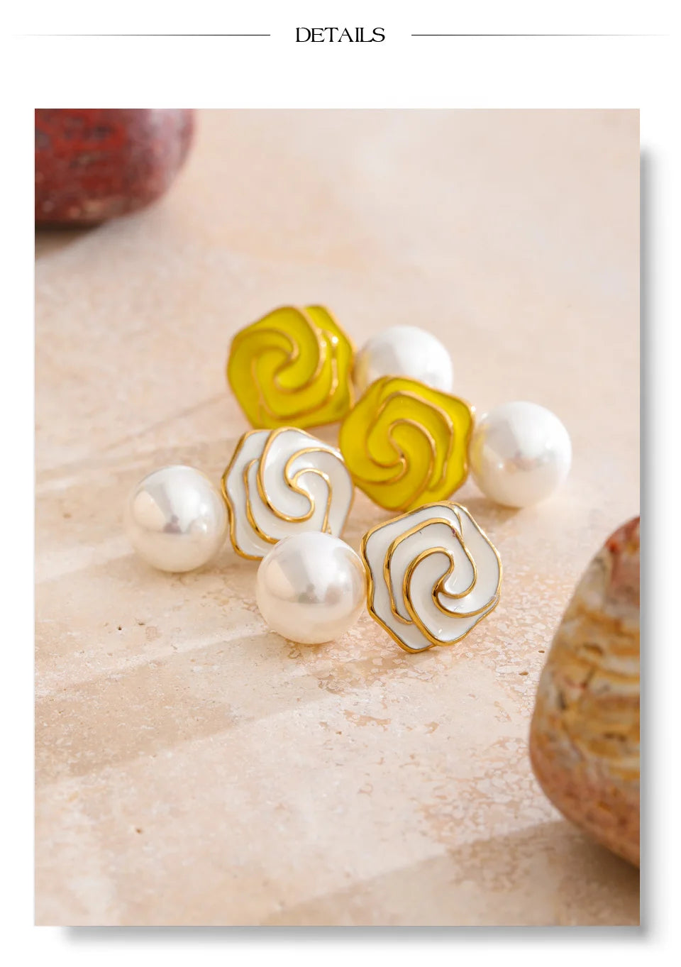 White pearl enamel earrings in gold-plated stainless steel with pearl and enamel.