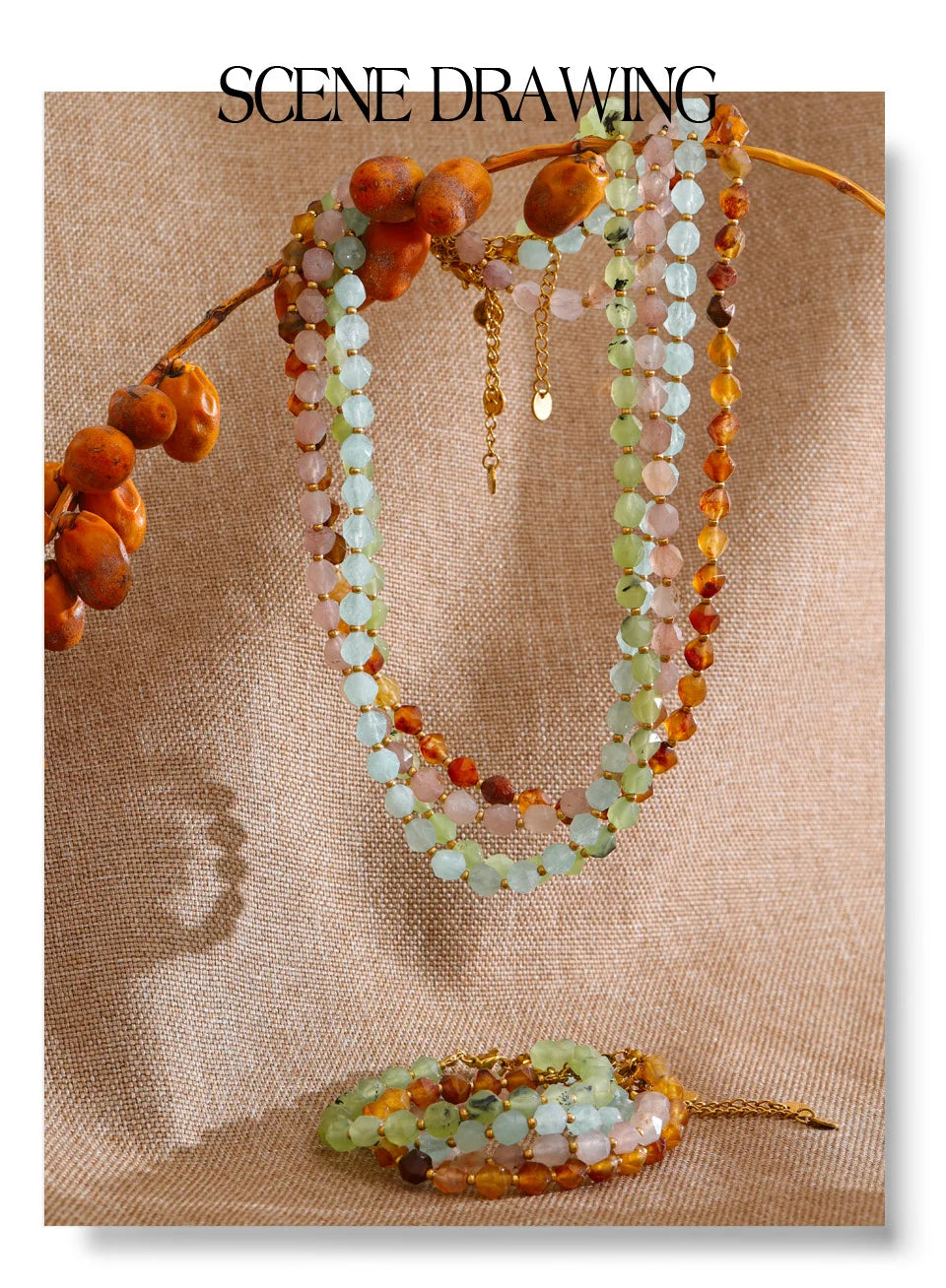 Natural stone beaded multi-color necklace in gold-plated stainless steel with natural stone.