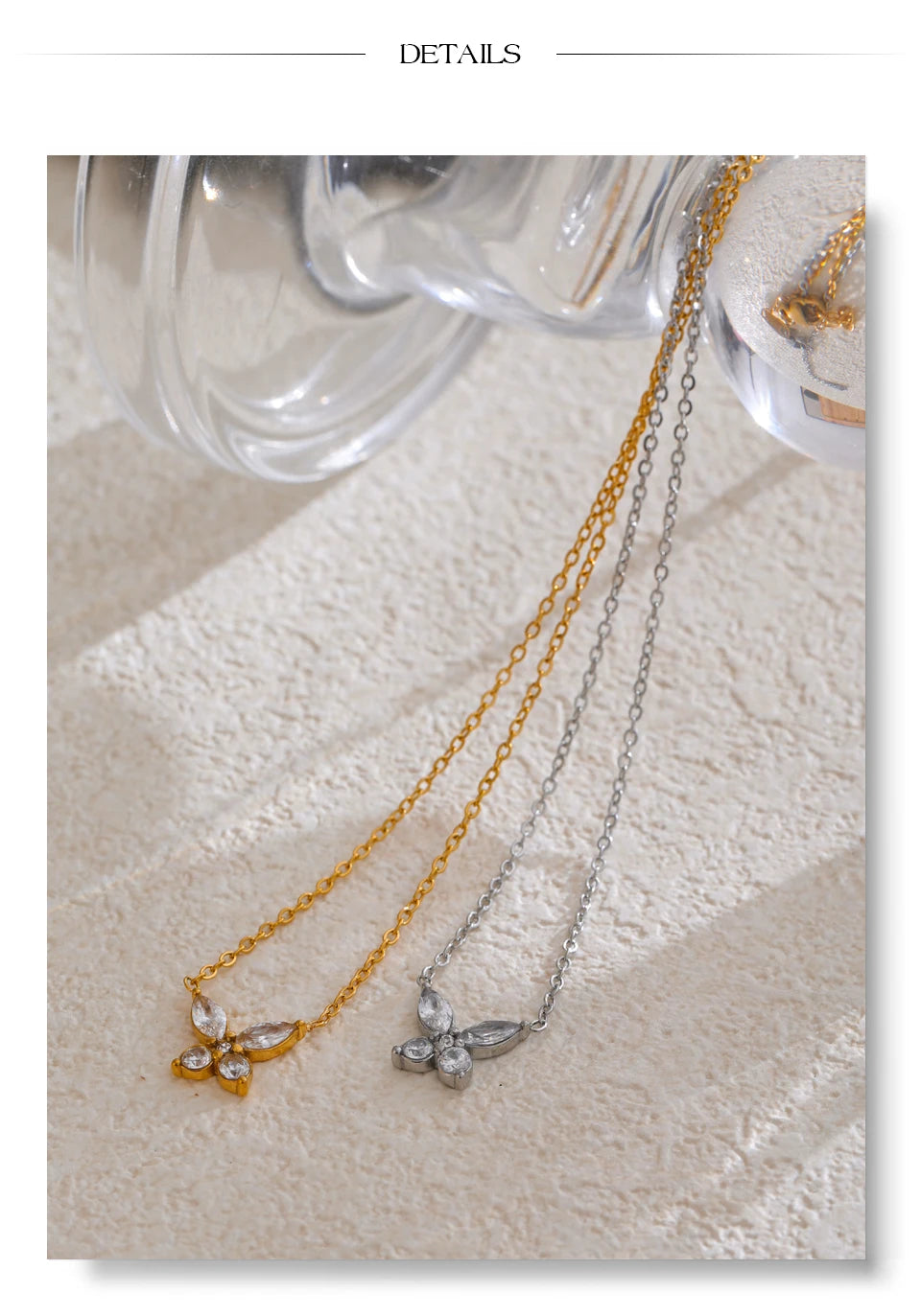Cubic zirconia butterfly necklace in gold-plated stainless steel with cubic zirconia.
