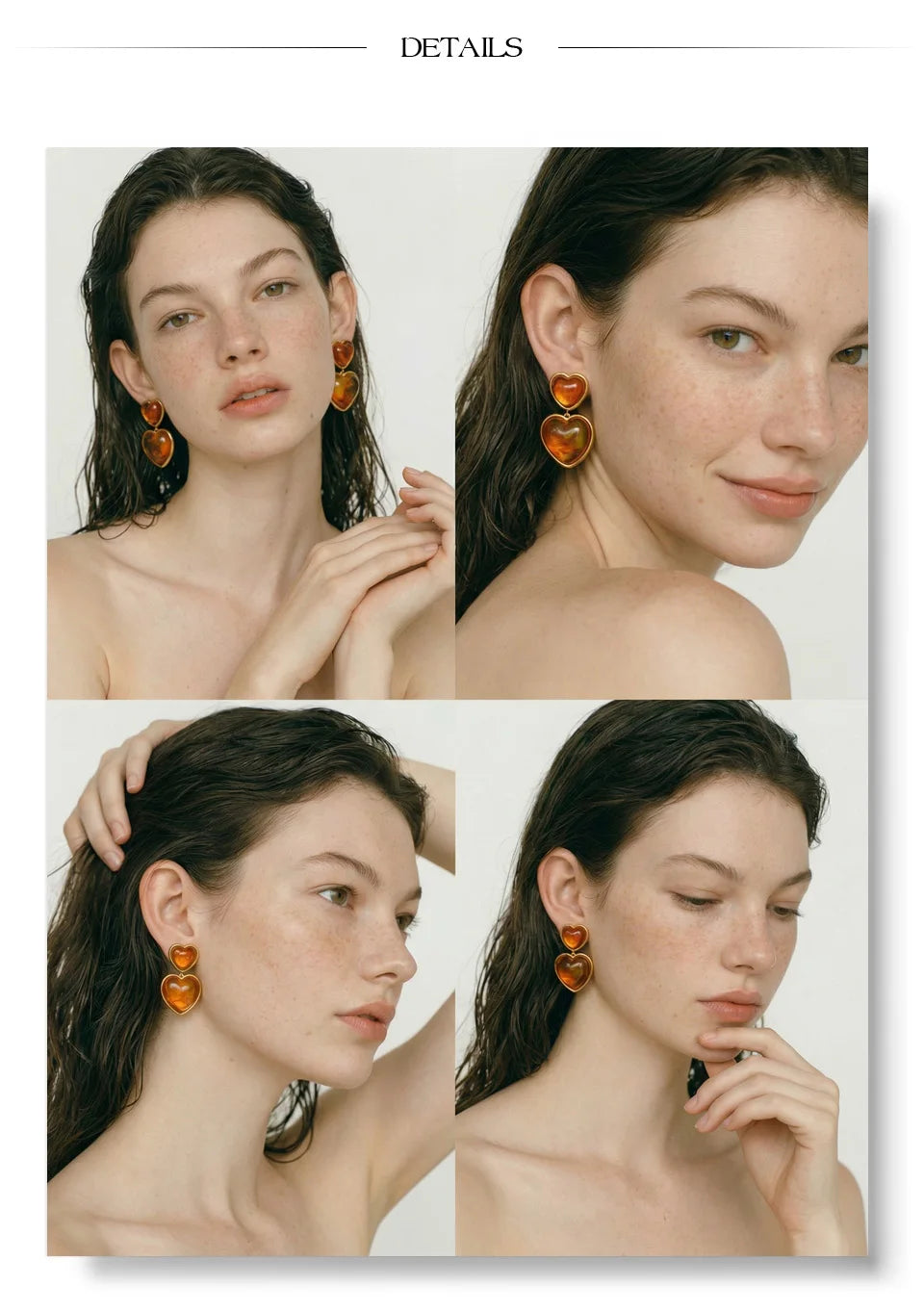 Resin acrylic heart earrings in gold-plated stainless steel with resin and acrylic.