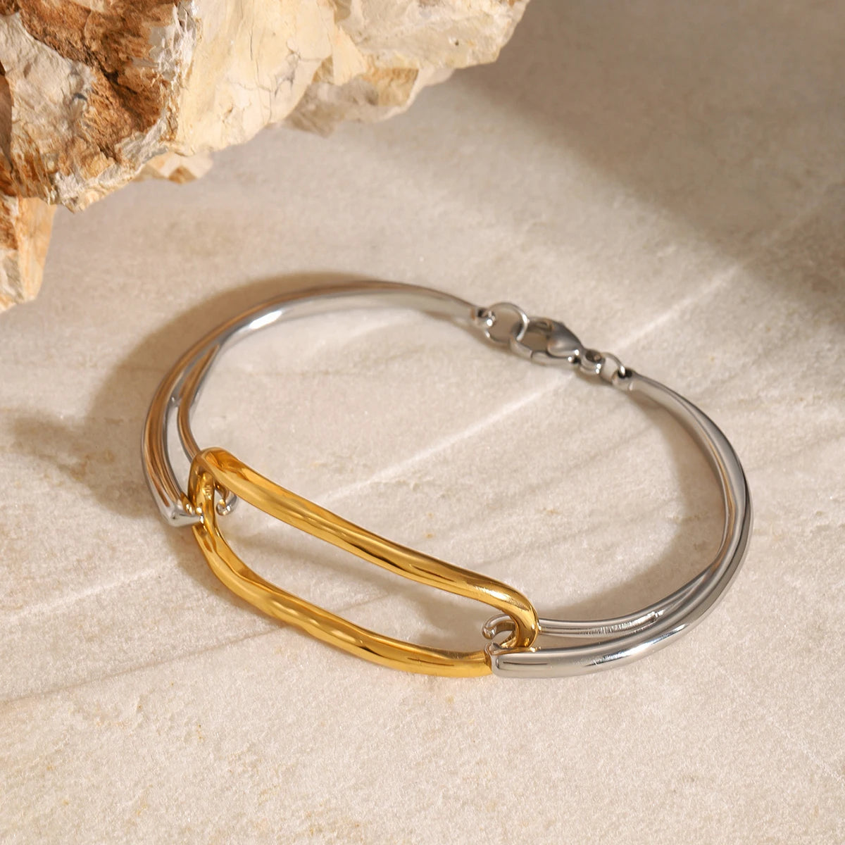 Two-Tone Oval Link Cuff Bracelet — Stainless Steel · PS043