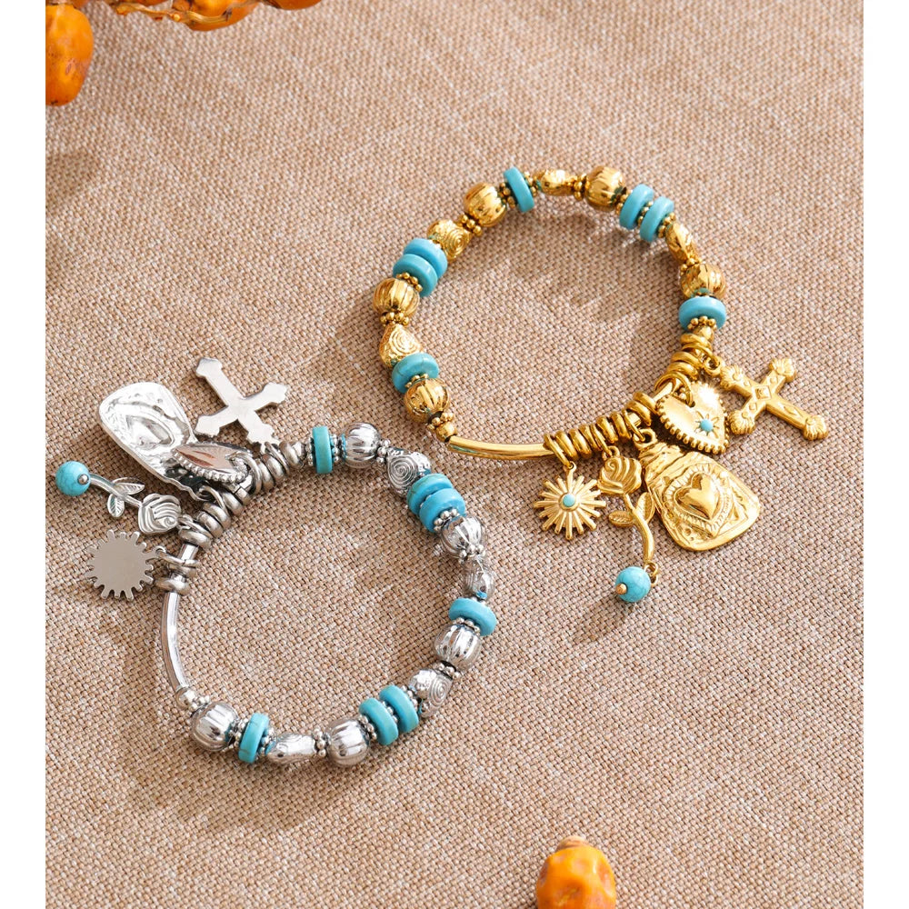 Natural Stone Heart Flower Bracelet — Gold-Plated Stainless Steel with Natural Stone · PS1086