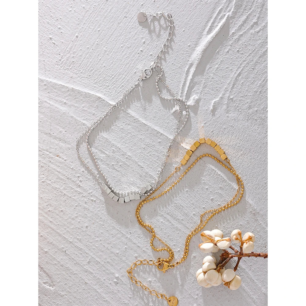 Beaded Geometric Chain Anklet — Gold-Plated Stainless Steel · PS2297