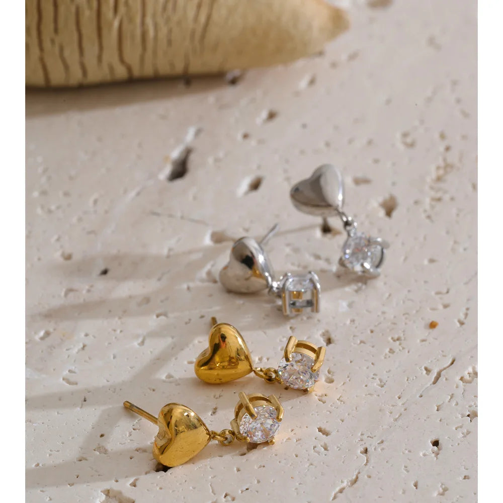 Cubic Zirconia Heart Earrings — Gold-Plated Stainless Steel with Cubic Zirconia · PS1244