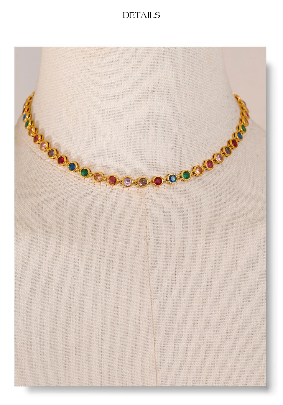 Cubic zirconia multi-color geometric necklace in gold-plated stainless steel with cubic zirconia.